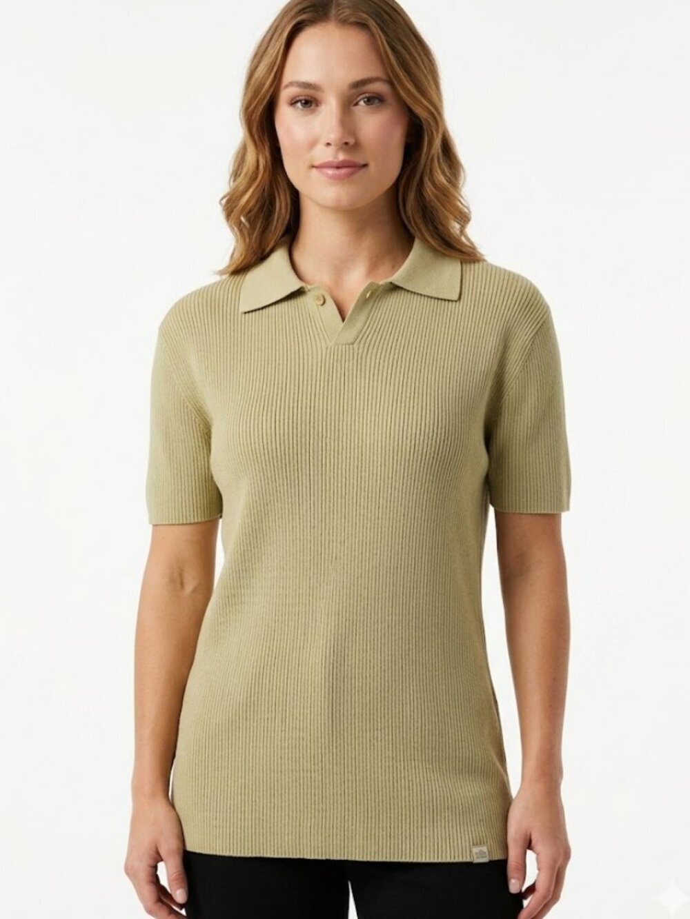 Women's Rib-Knit Collared Top 100% Cotton Short Sleeve Size M